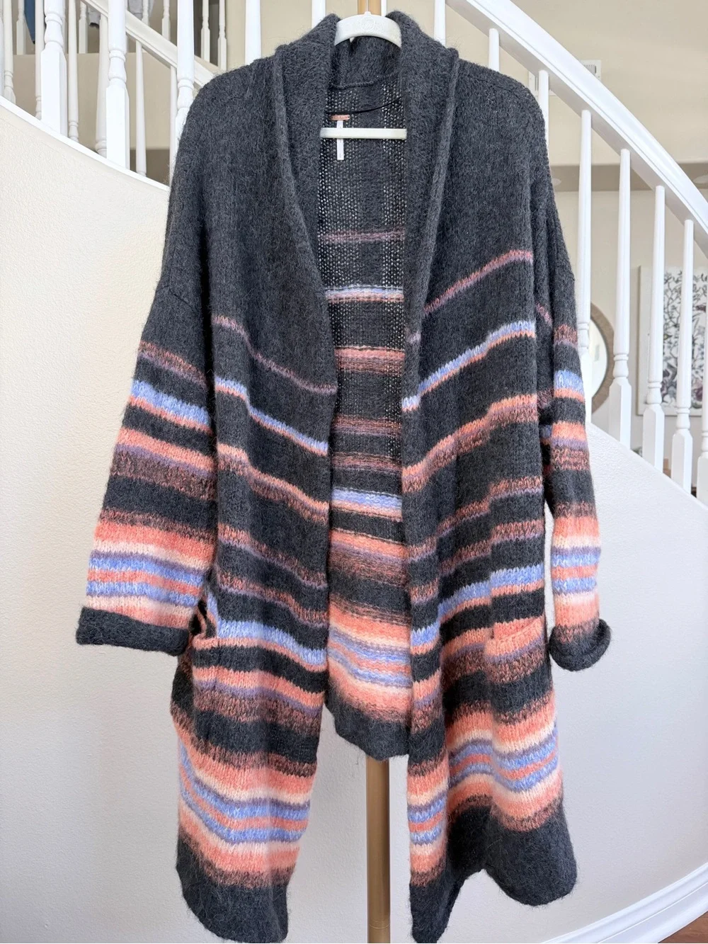 Free People vintage Charcoal Striped Open-Front Cardigan with Rust & Blue